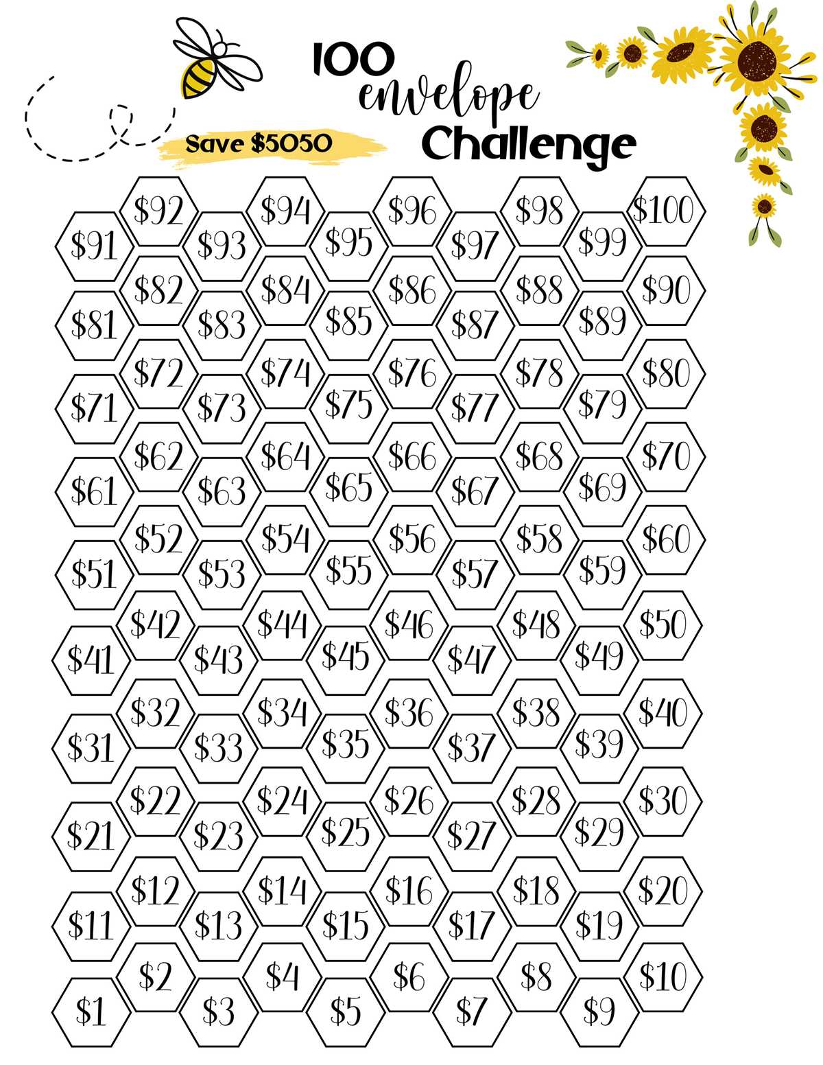 100 envelope savings challenge tracker printable
