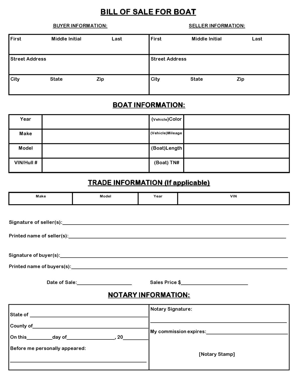 boat bill of sale free printable