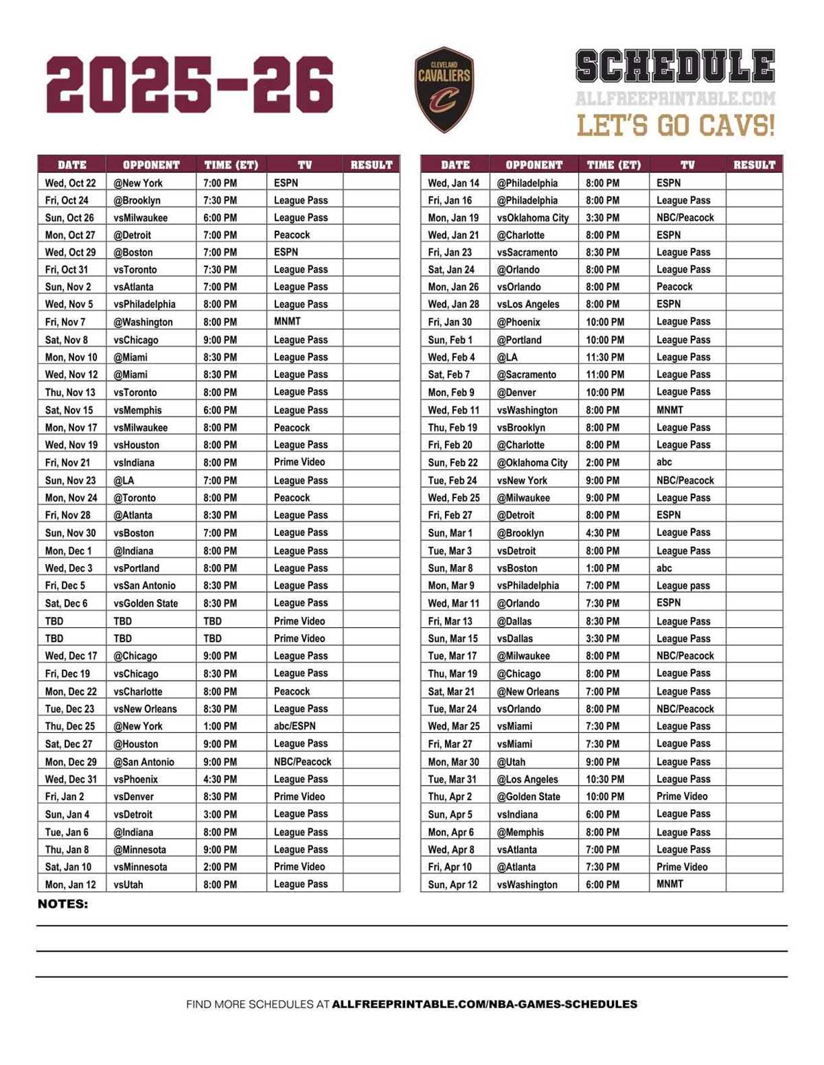 cavaliers schedule printable