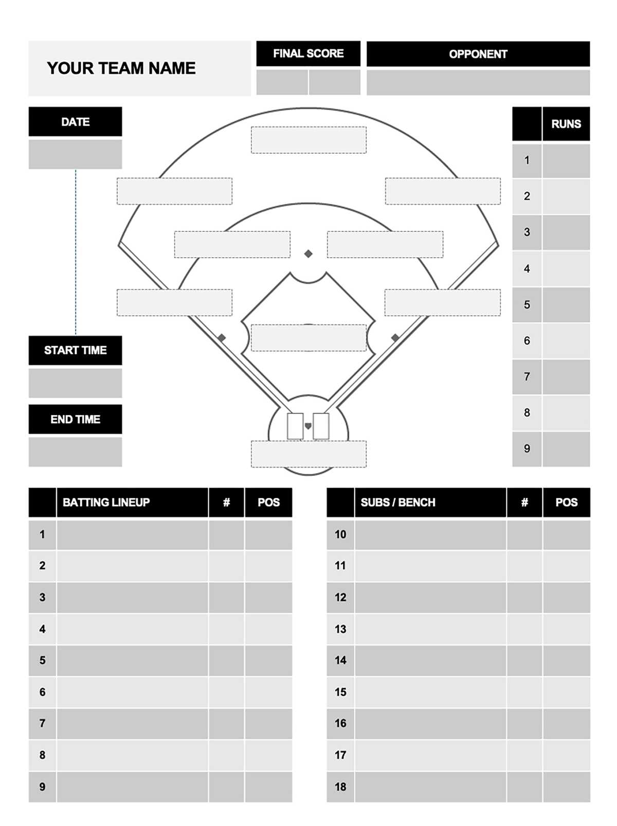 free printable softball position chart