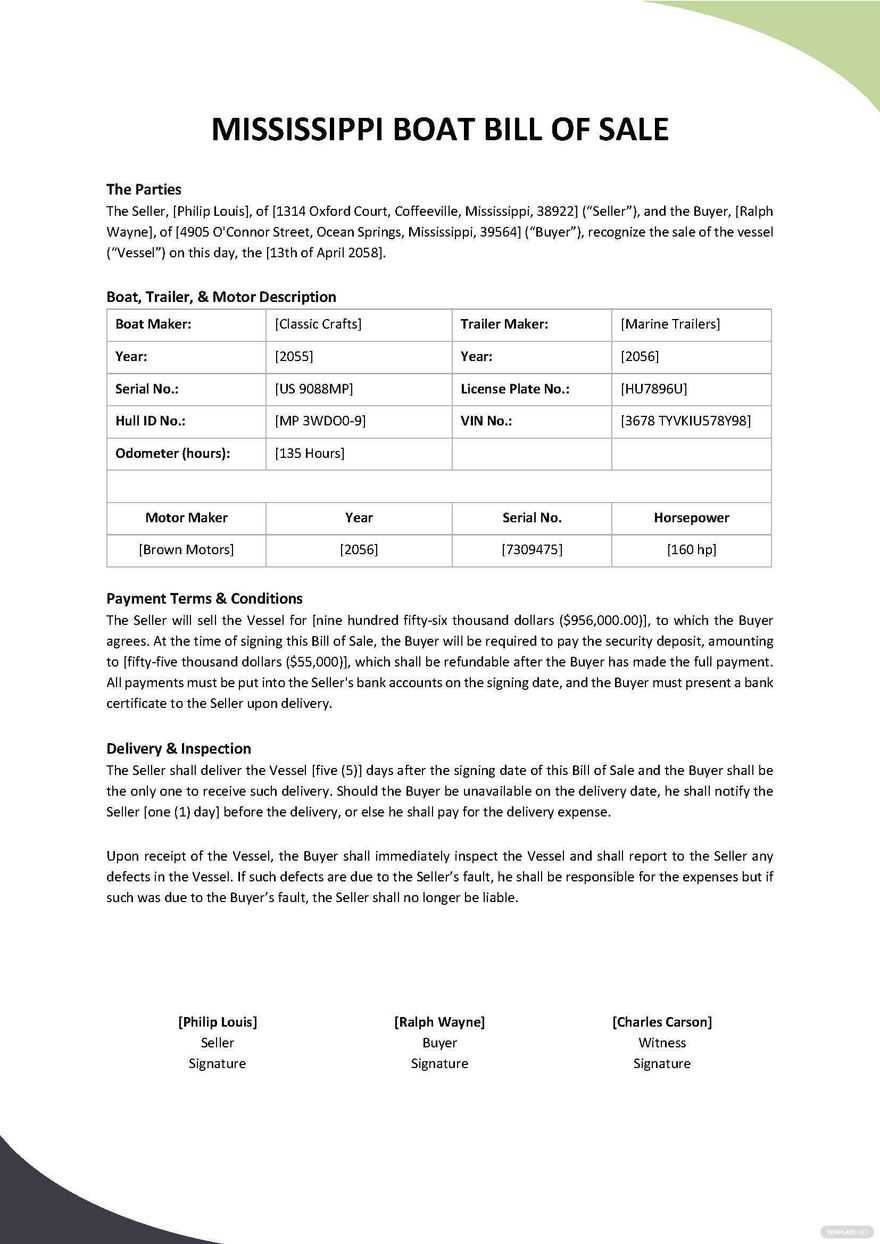 printable bill of sale for a boat