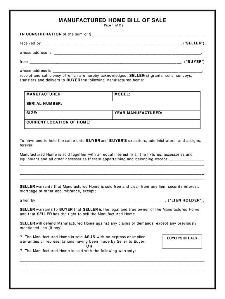 printable bill of sale for mobile home