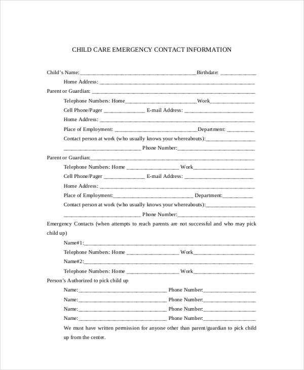 emergency contact form printable