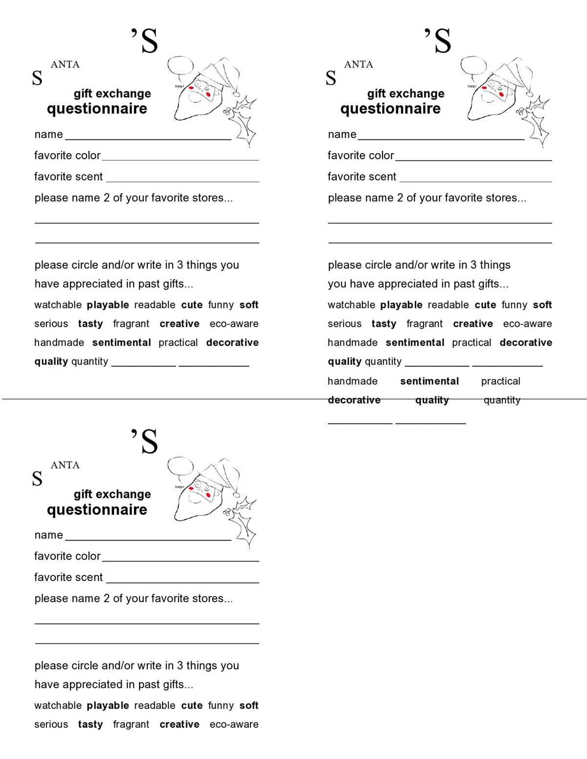 gift exchange questionnaire printable gift exchange questionnaire printable