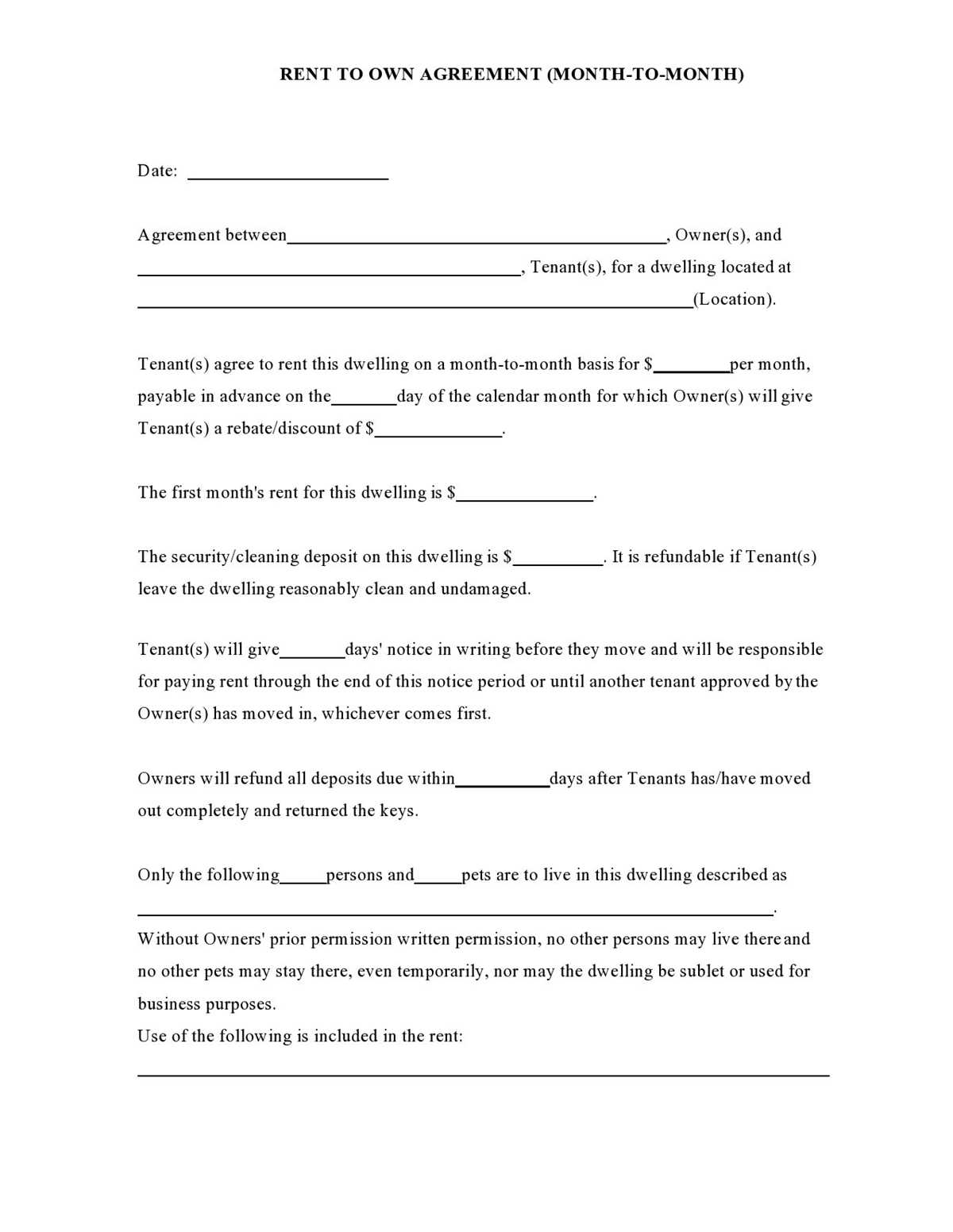 free printable rent to own lease agreement