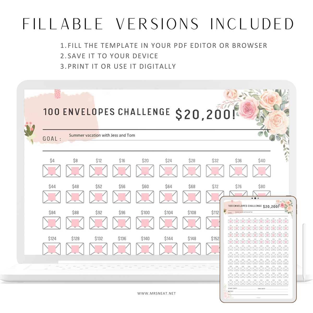 100 envelope savings challenge tracker printable