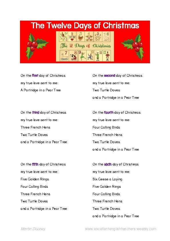 printable lyrics 12 days of christmas
