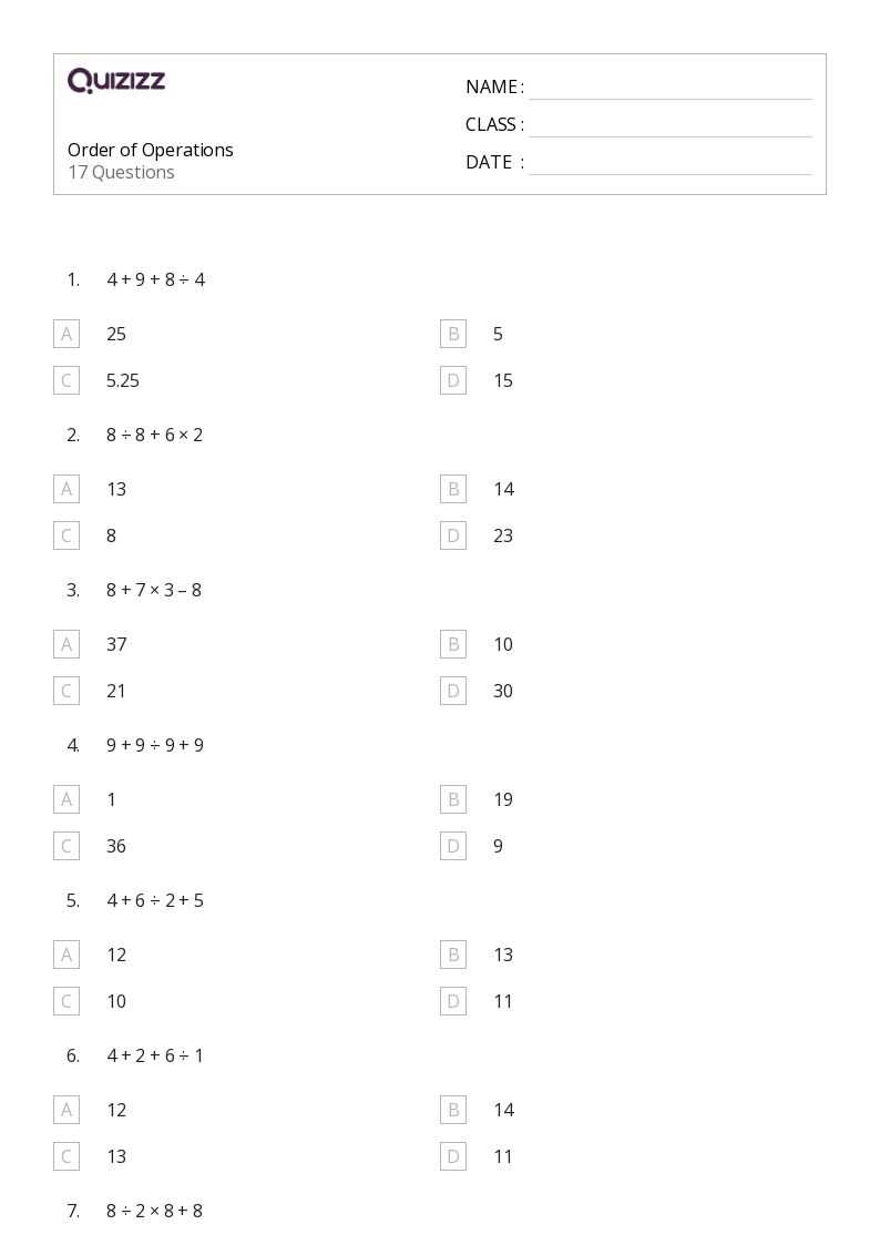 free printable worksheets for order of operations
