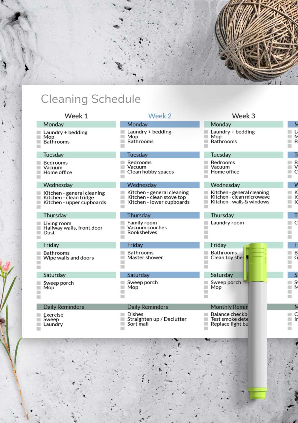 weekly cleaning checklist printable